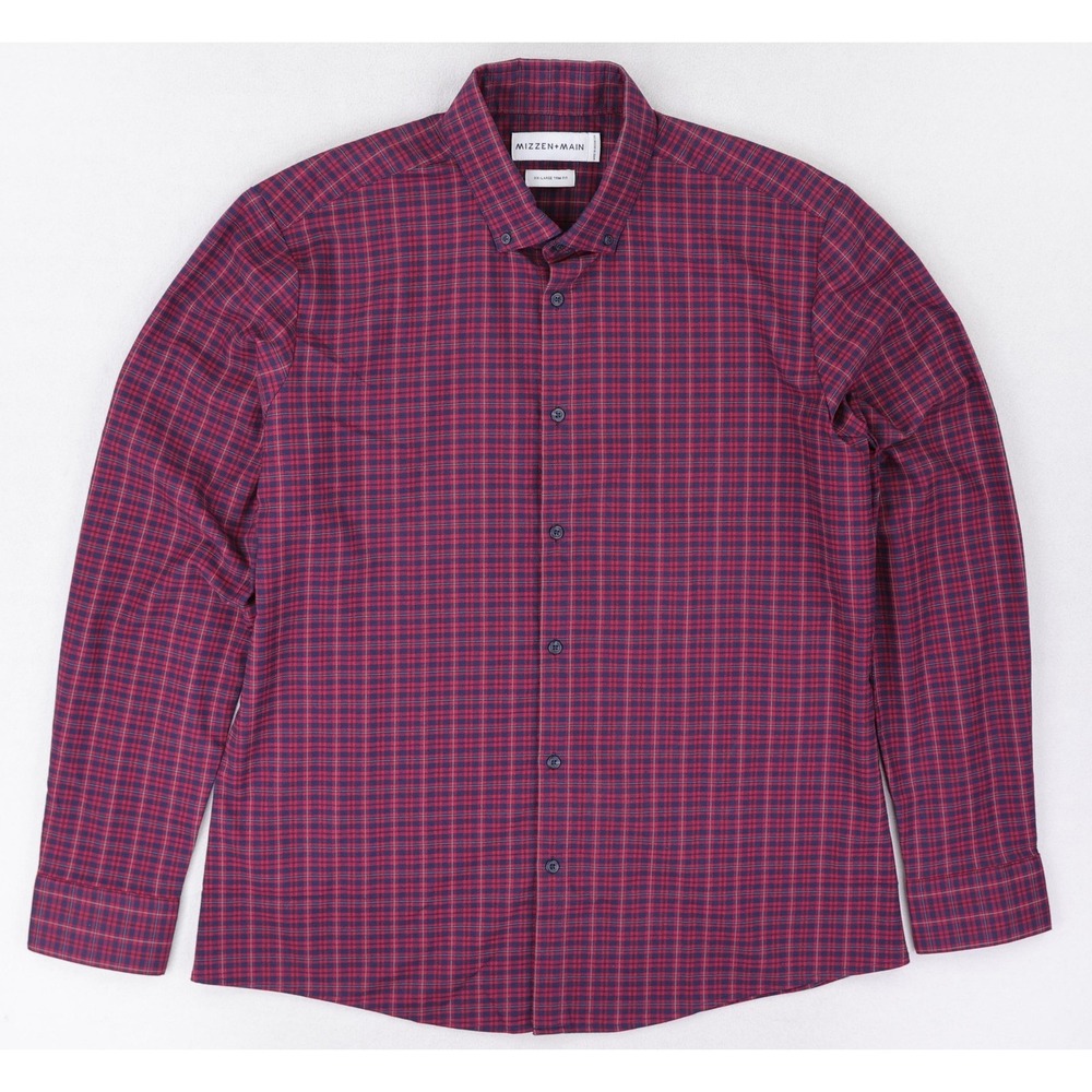 Mizzen+Main Wallace Button Down Flannel Shirt Mens 2XL Trim Fit Red Blue Plaid‎